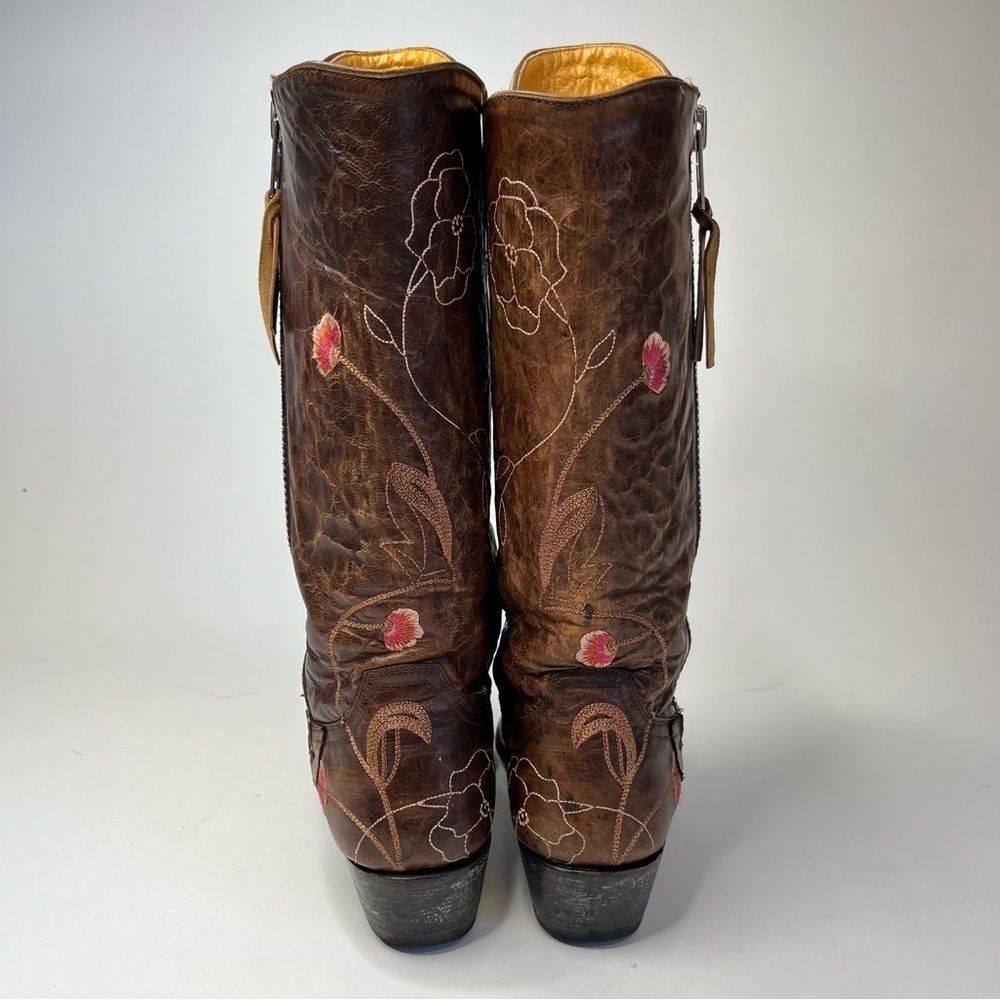OLD GRINGO Abby Rose Pink Embroidered Floral Distressed Brown Cowboy Biker Boots - Picture 3 of 14